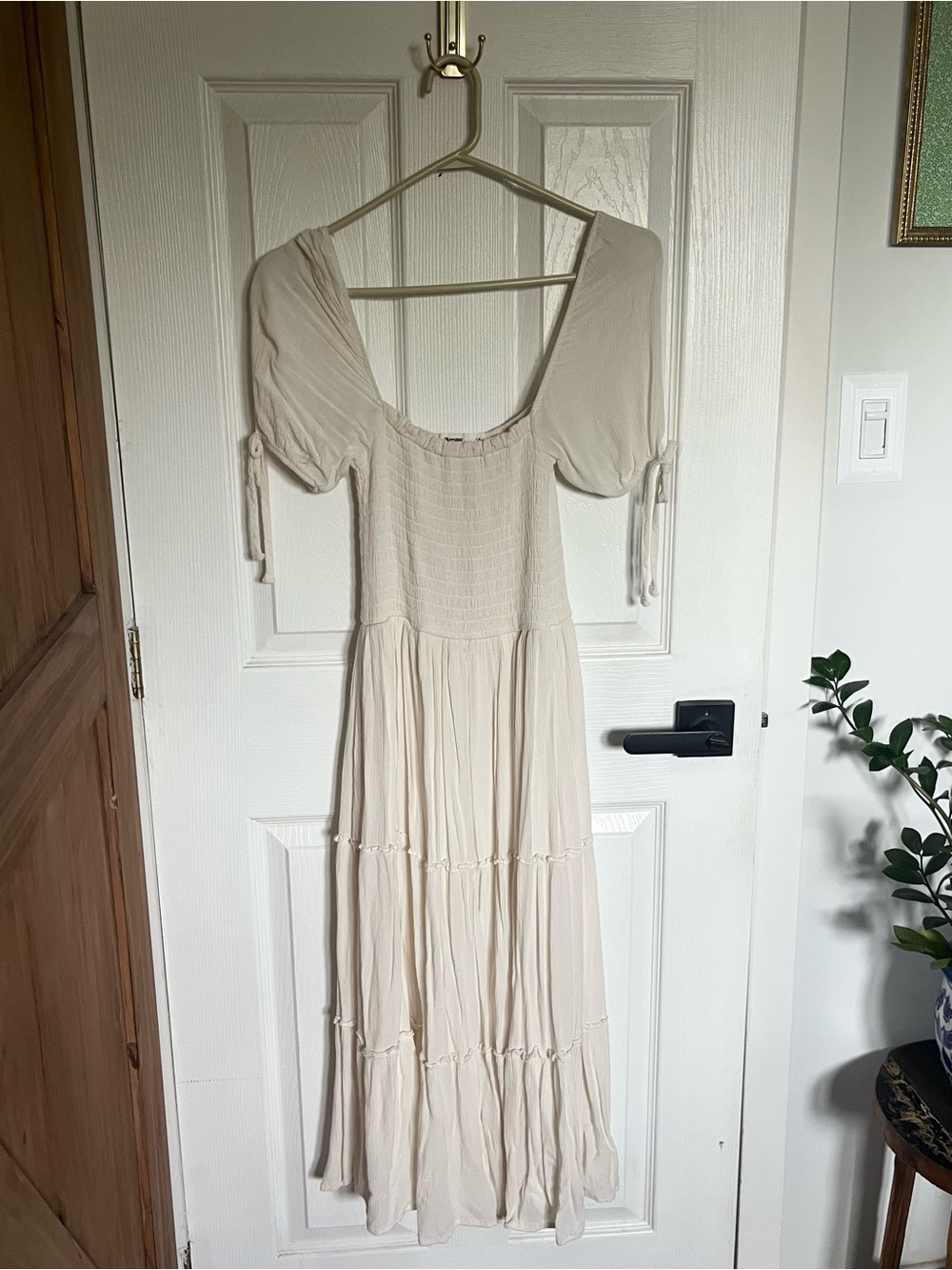 Boho Smocked Midi Dress with Tie Sleeves - Cream/Off-White